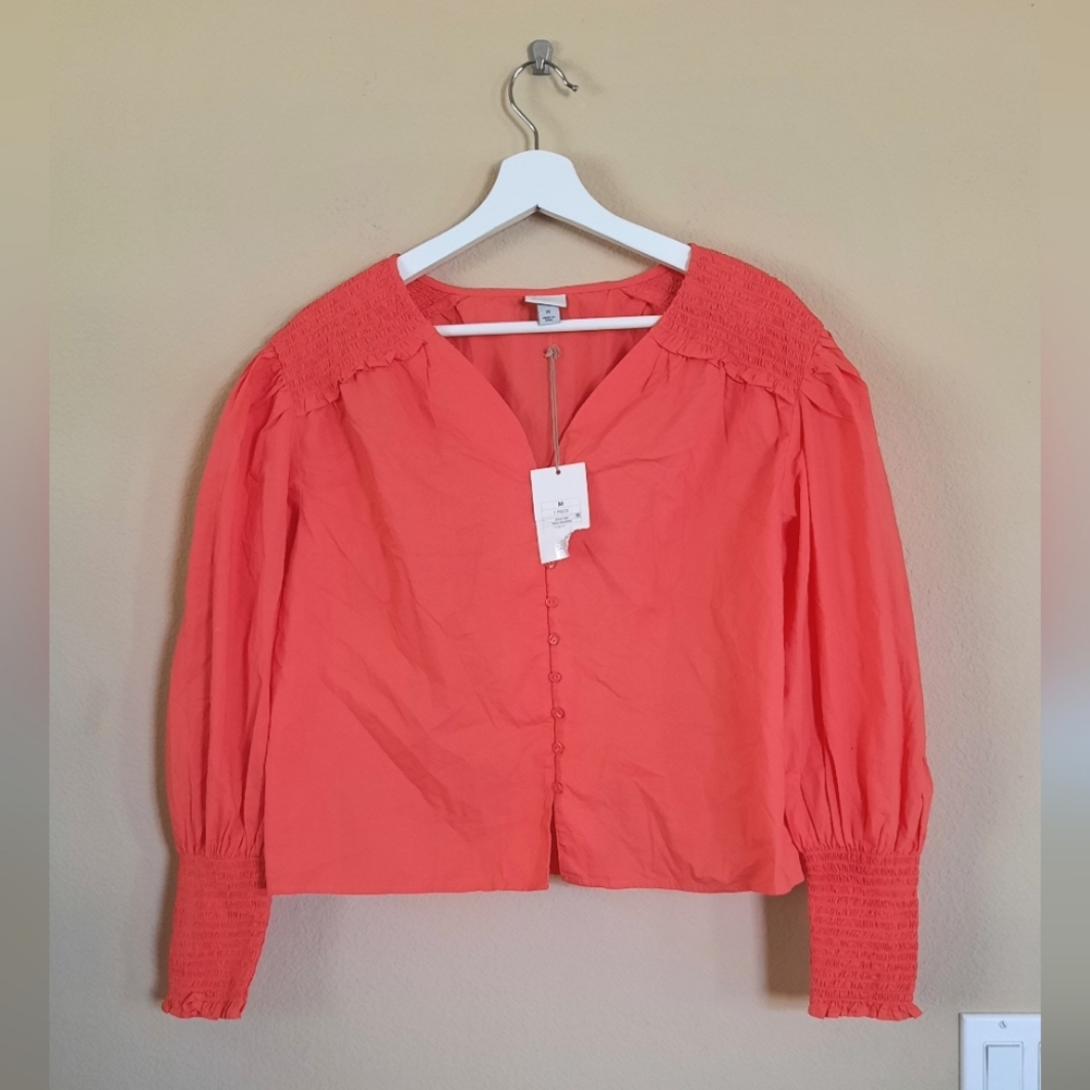 Coral Button Down Peasant Top Puff Sleeves A New Day